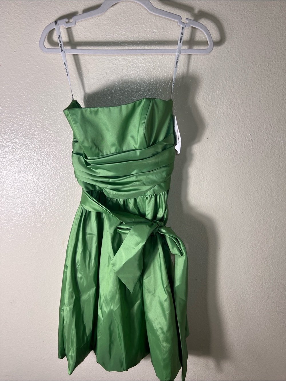 David's Bridal Green Strapless Satin Cocktail Dress with Waist Tie size 4